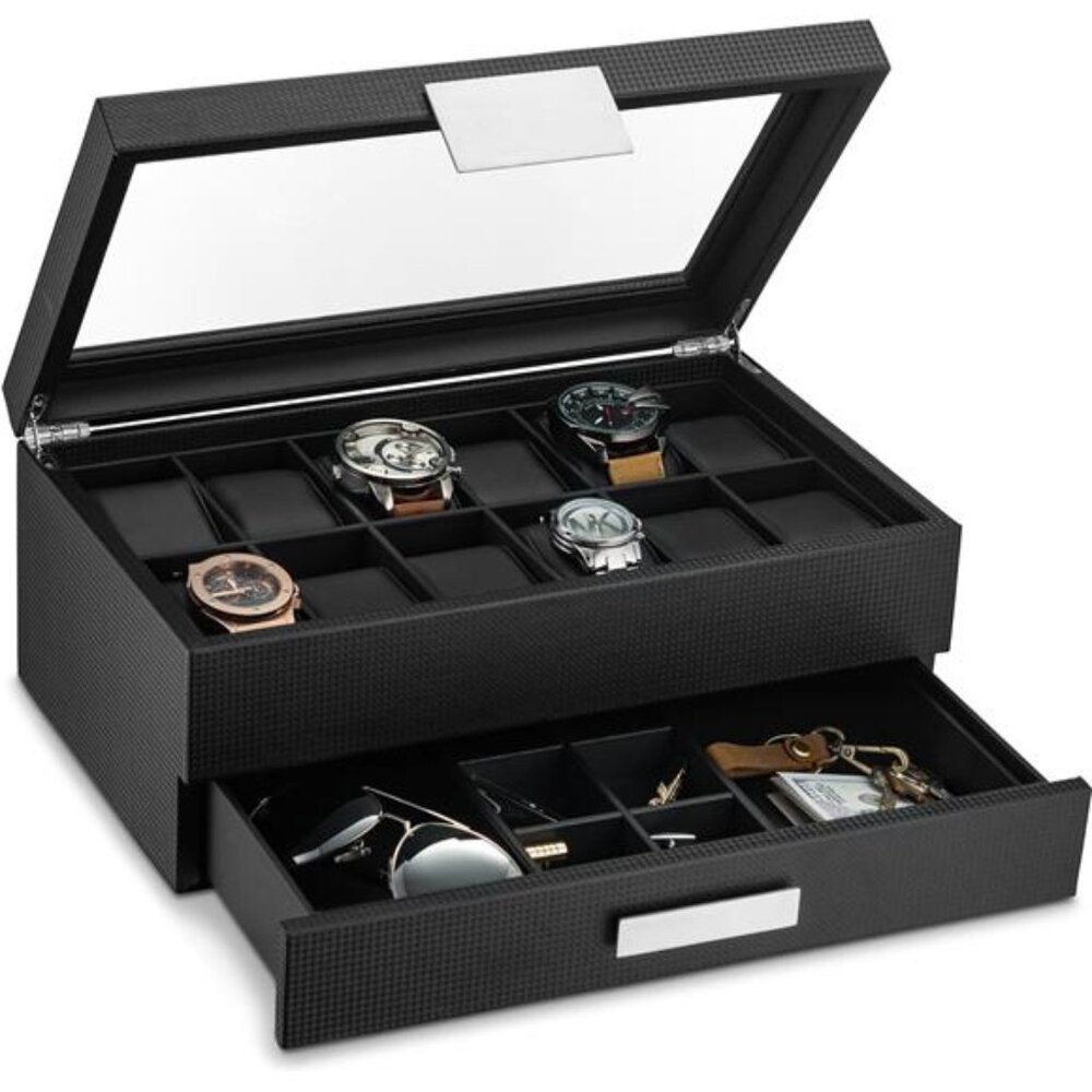 Watch Box with Valet Drawer for Men - 12 Slot Luxury Case Display Organizer